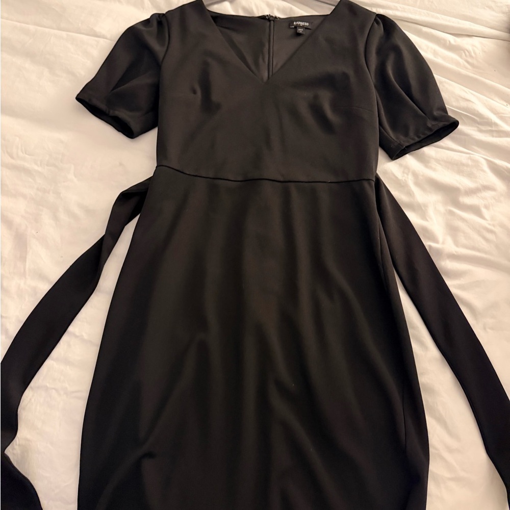 Express Black Midi Dress with V-Neck and Tie Waist - Picture 2 of 4